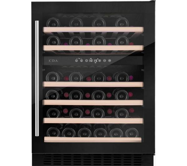 CDA CFWC604BL Black Wine Cooler showcasing its sleek design and capacity.