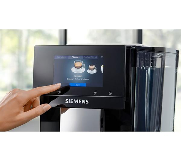 Siemens TP713GB9 EQ700 Black Coffee Machine showcasing its sleek design and intuitive controls.