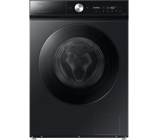 Samsung Series 8 AI Energy Black washing machine in a modern laundry room.