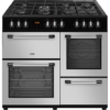 LOGIK LRC100S21 100cm Dual Fuel Silver Range Cooker with five burners and a large oven.