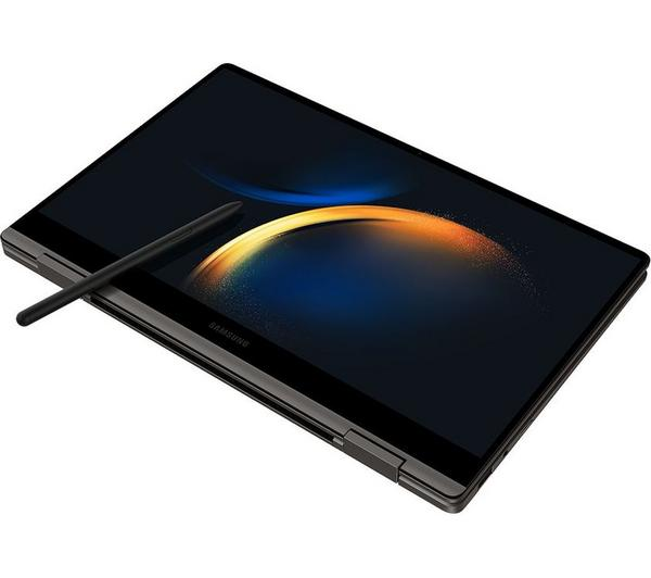 Samsung Galaxy Book3 360 Graphite in a graphite finish, showcasing its 360-degree hinge.