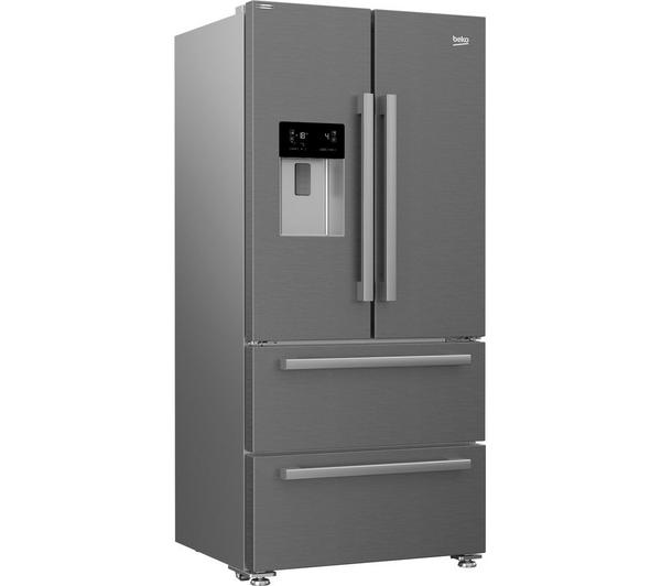 BEKO Pro HarvestFresh GNE460520DVPX Fridge Freezer in brushed steel, showcasing its modern design and spacious interior.