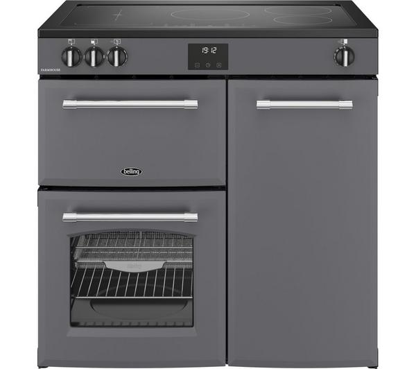 BELLING Farmhouse 90EI Anthracite Electric Induction Range Cooker in a modern kitchen setting.