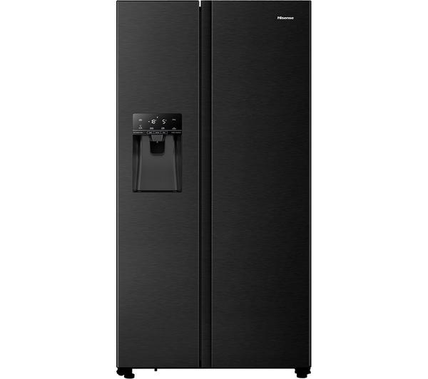 HISENSE RS694N4TFE American Fridge Freezer showing its sleek black finish and spacious interior.