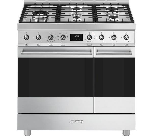 SMEG C92GMX2 90 Dual Fuel Cooker in a modern kitchen setting.