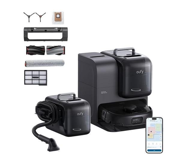 eufy Omni E28 Robot Vacuum Black cleaning a floor