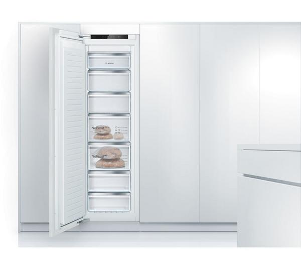 BOSCH Series 4 GIN81VEE0G Freezer, integrated tall freezer door open showing shelves