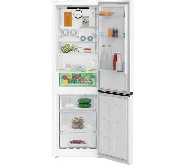 BEKO Pro HarvestFresh AeroFlow Fridge Freezer in white, showcasing its modern design and advanced cooling technology.