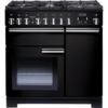 Rangemaster Professional Deluxe 90 Black Dual Fuel Range Cooker with multiple burners and ovens