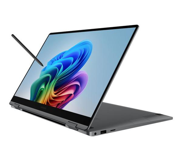 Samsung Galaxy Book5 360 Grey laptop in a sleek, modern design.
