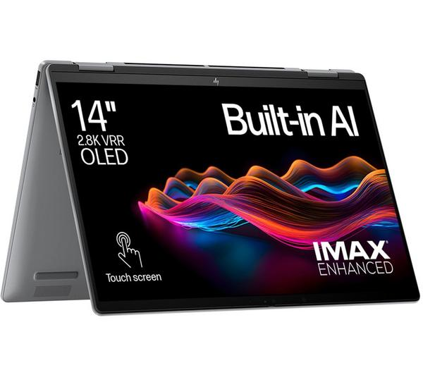 HP ENVY x360 14 1TB Silver convertible laptop in a sleek silver finish.