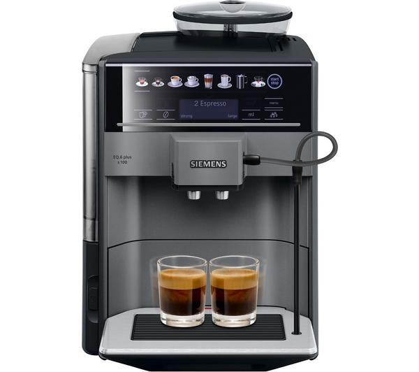 Siemens TE651209GB Bean to Cup Titanium coffee machine brewing a fresh cup
