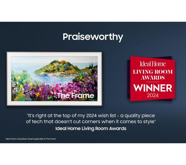Samsung The Frame 85 inch QLED TV displaying a vibrant landscape painting in Art Mode.