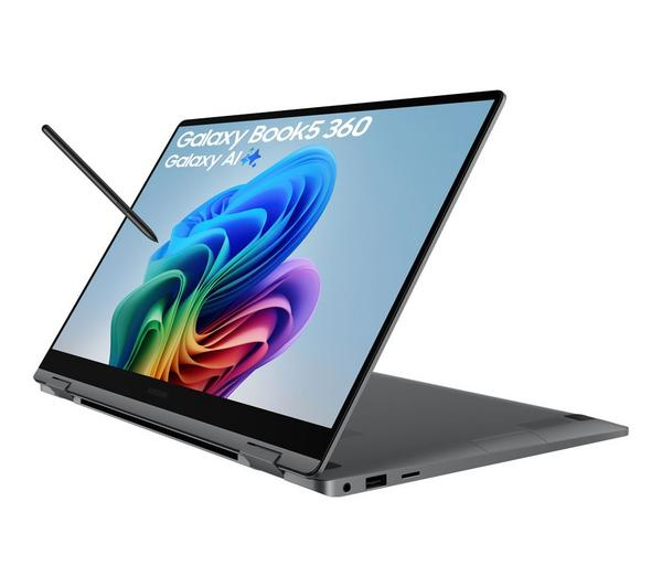 Samsung Galaxy Book5 360 Grey laptop shown in a sleek, modern design.