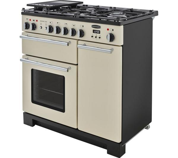 Rangemaster Estate 90 Dual Fuel Ivory cooker with dual fuel hob and ovens.