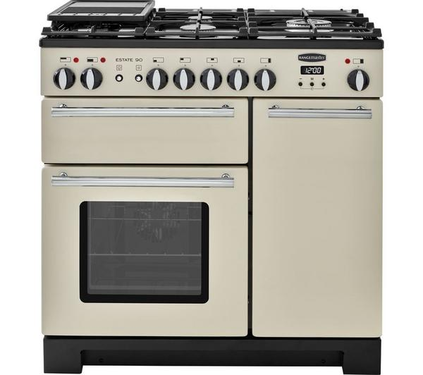 Rangemaster Estate 90 Dual Fuel Ivory cooker in a modern kitchen setting.