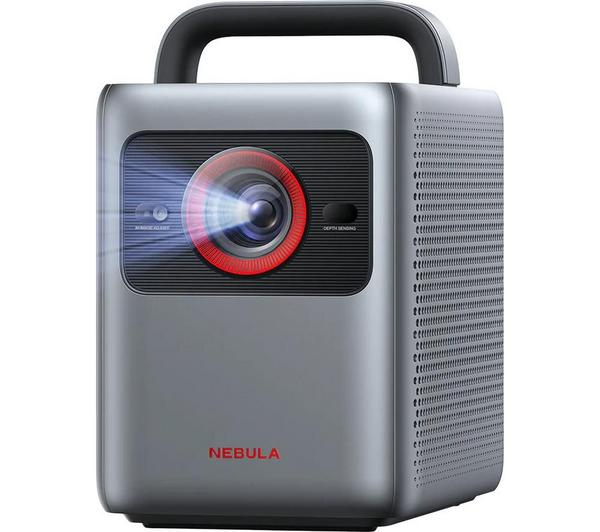 NEBULA Cosmos SE 4K Projector displaying a vibrant movie scene in a darkened living room.
