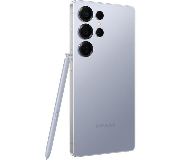 Samsung Galaxy S25 Ultra 1TB Silver showcasing its sleek design and titanium blue color.