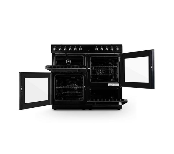 Montpellier MDFRC100K black range cooker with dual fuel burners and oven
