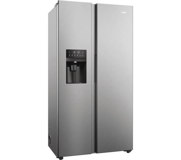 Haier HSR5918DIMP Platinum Inox Fridge Freezer – Front view of the American style fridge freezer in Platinum Inox finish.