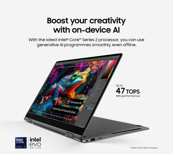 Samsung Galaxy Book5 360 Grey laptop in a sleek, modern design.