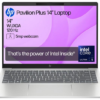 HP Pavilion Plus 14 Silver Laptop showcasing its premium silver finish and slim profile.