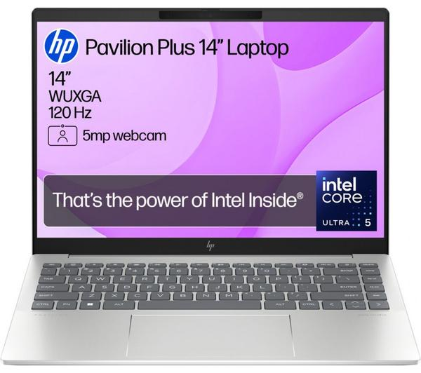 HP Pavilion Plus 14 Silver Laptop showcasing its modern silver finish and slim profile.