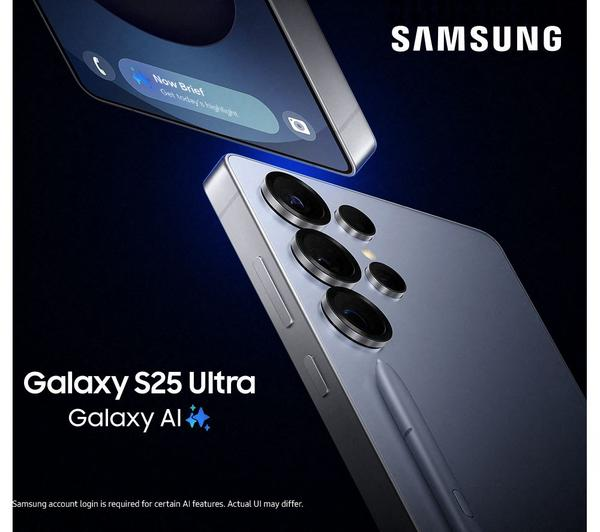 Samsung Galaxy S25 Ultra 1TB Silver in a sleek Titanium Blue color, showcasing its advanced camera system.