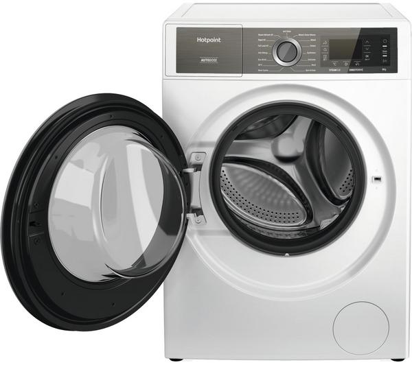 Hotpoint GentlePower H7 W945WB white washing machine in a laundry room