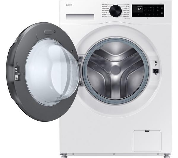 Samsung Series 5 AI Energy Washer in a modern laundry room, showcasing its sleek white design and 9kg capacity.