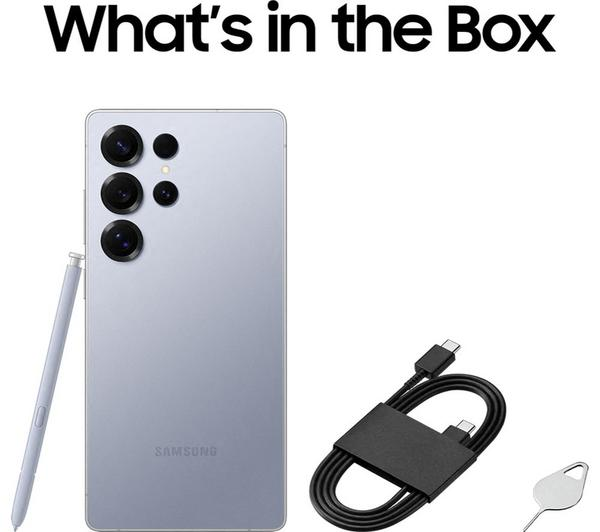 Samsung Galaxy S25 Ultra 1TB Silver showcasing its sleek design and vibrant Titanium Blue color.