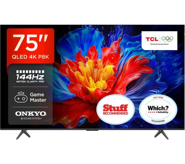 TCL 75P8K 75 inch QLED TV showcasing its stunning QLED display