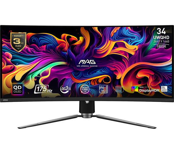 MSI MAG 341CQP QD OLED Monitor showcasing its curved display and vibrant QD OLED technology
